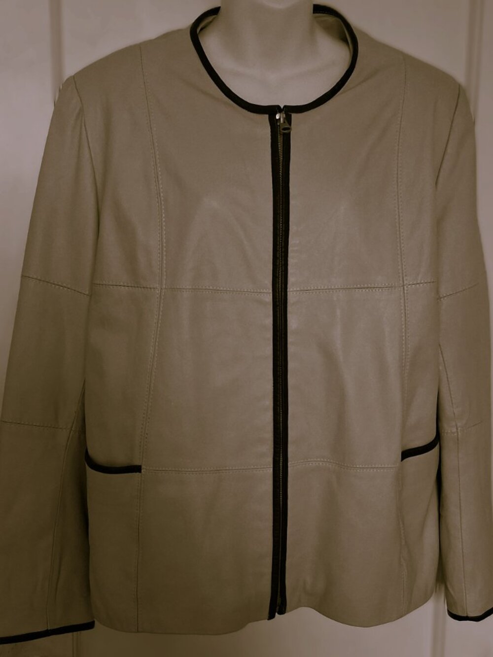 Laffon High End Quality Luxus Light Green Leather Zip Jacket Dark Trim Size Xl